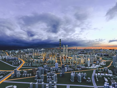 Aerial Planning of Modern City Landscape With Skyscrapers Roads and Sunset Sky Layout 3d model