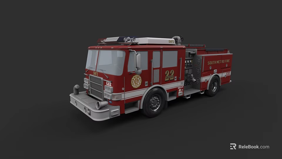 Red County Fire Department Fire Truck With Emergency Equipment And Number 22 3d model 