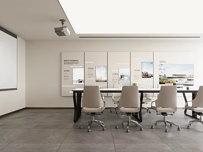 Modern Conference Room Interior With Long Table Wheeled Chairs Projector Whiteboard And Wall Displays 3d model