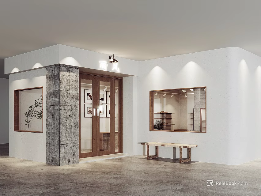 Modern Specialty Store With White Walls Wooden Elements Display Windows Bench And Recessed Lighting 3d model 