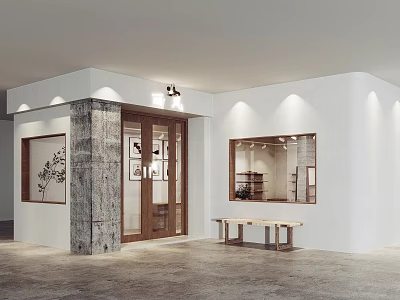 Modern Specialty Store With White Walls Wooden Elements Display Windows Bench And Recessed Lighting 3d model