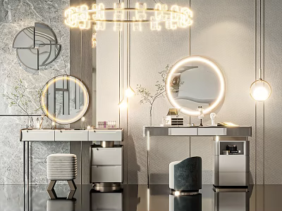 Modern Dressing Table Interior Design With Lighted Round Mirrors Neon Lights Stools And Drawers 3d model