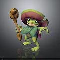 Frog Like Creature Character With Mushroom Hat Leafy Body And Wooden Staff