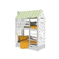 Kids House Shaped Bunk Bed With Star Pattern Canopy Curtain And Yellow Bedding