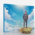 Event Backdrop With Blue Sky White Clouds And Man In Suit On Cloud Shaped Object