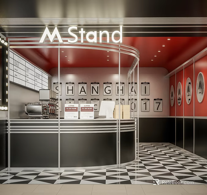 M Stand Shanghai Café with Red Walls Black and White Checkered Floor Counter Coffee Machine 3d model 