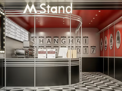 M Stand Shanghai Café with Red Walls Black and White Checkered Floor Counter Coffee Machine 3d model