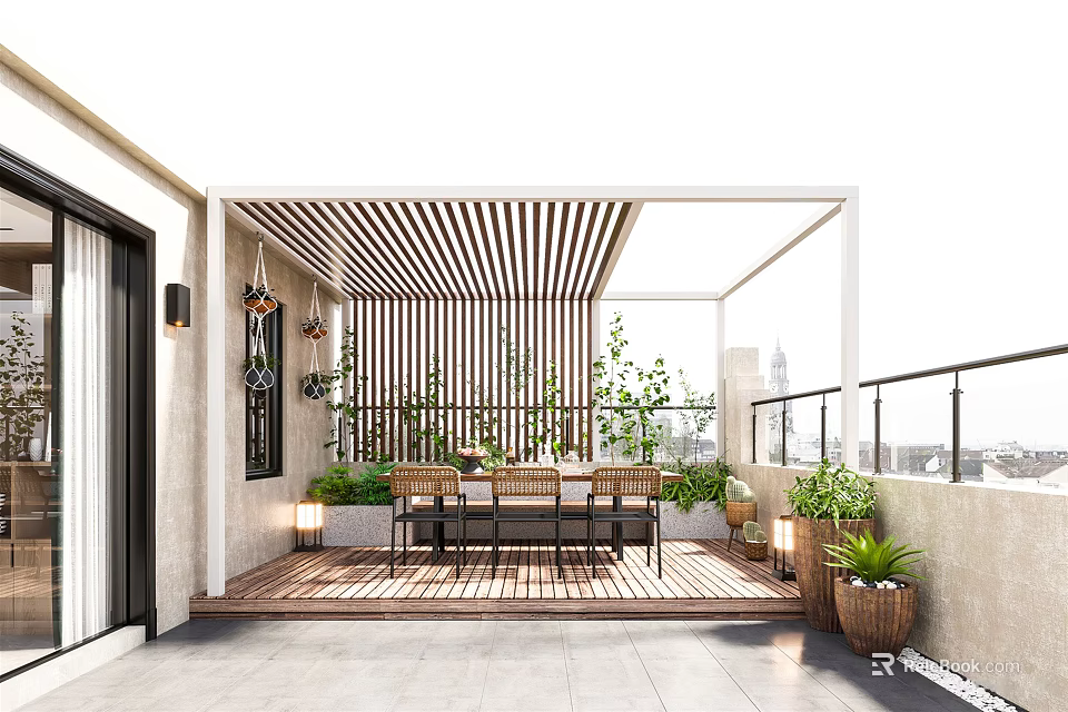 Rooftop Garden With Wooden Flooring Striped Awning Rattan Furniture Green Plants City View And Railing 3d model 