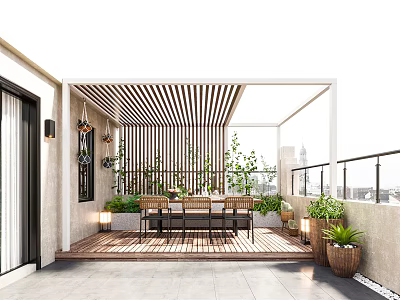 Rooftop Garden With Wooden Flooring Striped Awning Rattan Furniture Green Plants City View And Railing 3d model