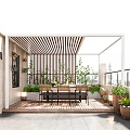 Rooftop Garden With Wooden Flooring Striped Awning Rattan Furniture Green Plants City View And Railing