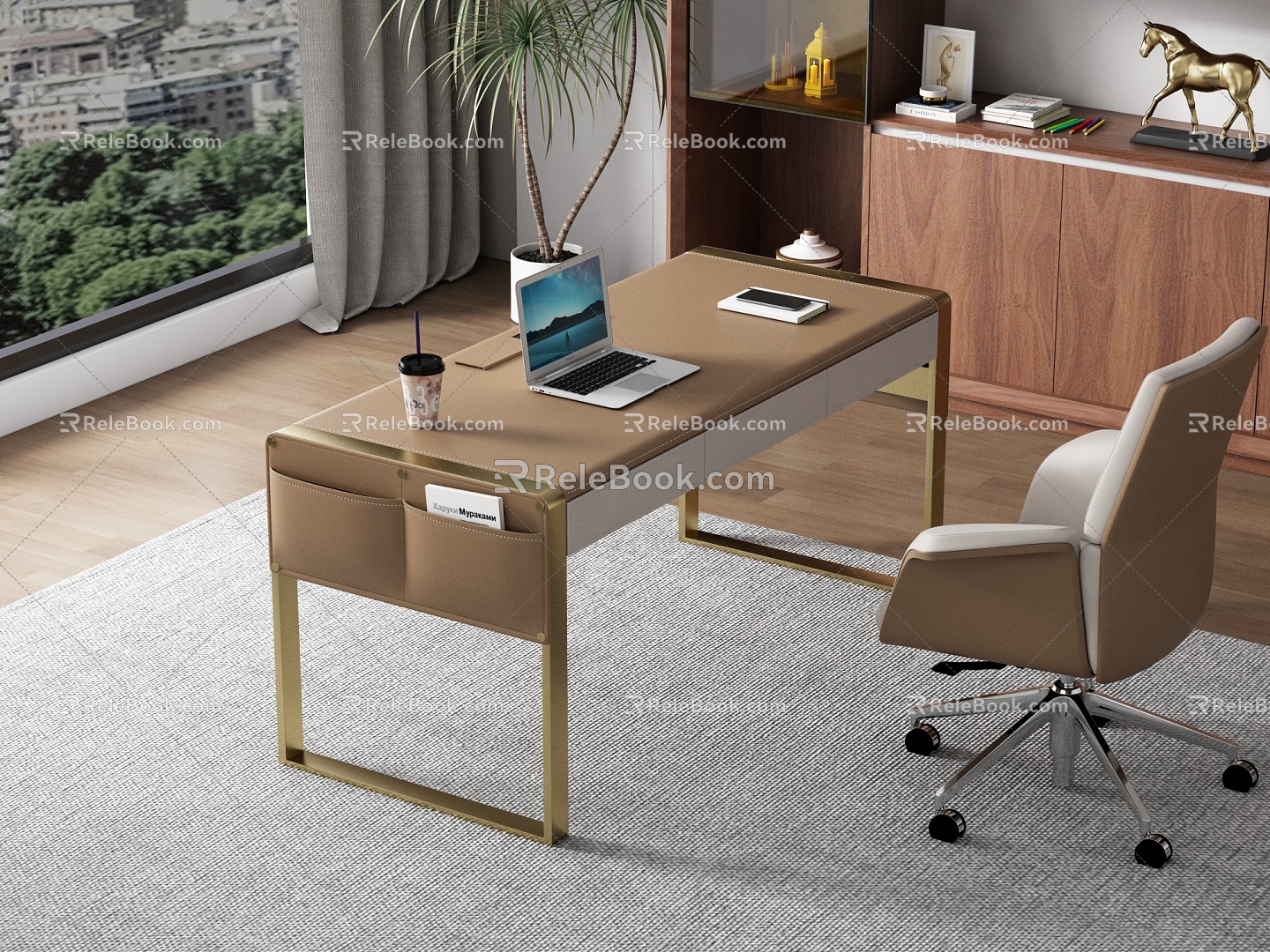 Italian Minimalist Desk Saddle Leather Desk Office Desk 3d model