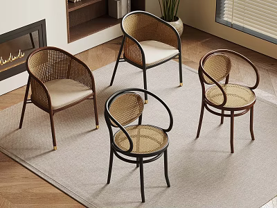 Stylish Wicker Armchairs With Beige Cushions In Living Room Area Rug 3d model