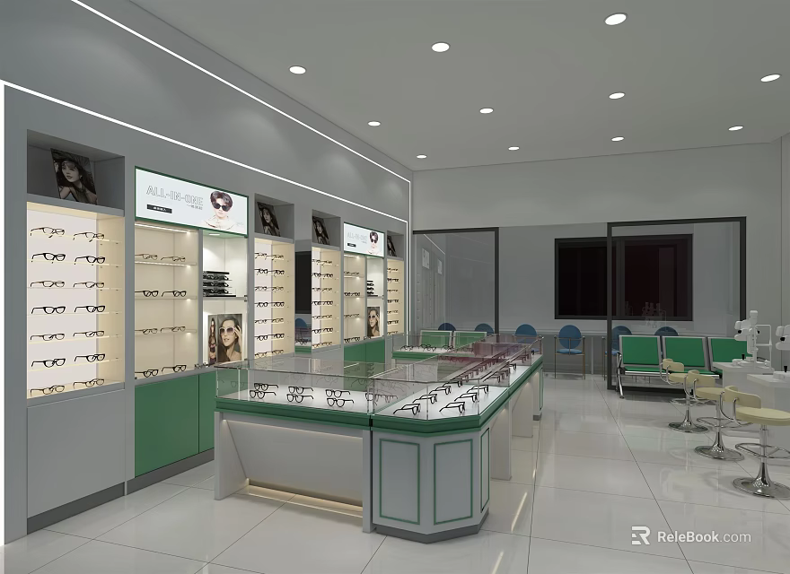 Eyewear Store Interior With Glass Display Counters Shelves And Seating Area 3d model