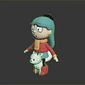 Cartoon Game Character With Teal Hair Black Hat Pink Top Red Scarf And White Dog