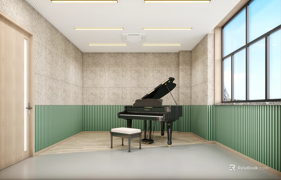 Piano Room Interior With Black Grand Piano Green Vertical Striped Walls And Large Windows 3d model 