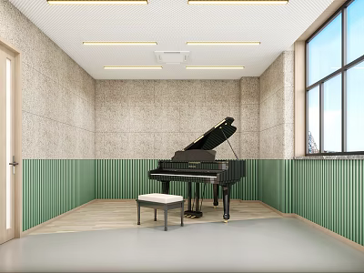 Piano Room Interior With Black Grand Piano Green Vertical Striped Walls And Large Windows 3d model