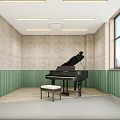Piano Room Interior With Black Grand Piano Green Vertical Striped Walls And Large Windows