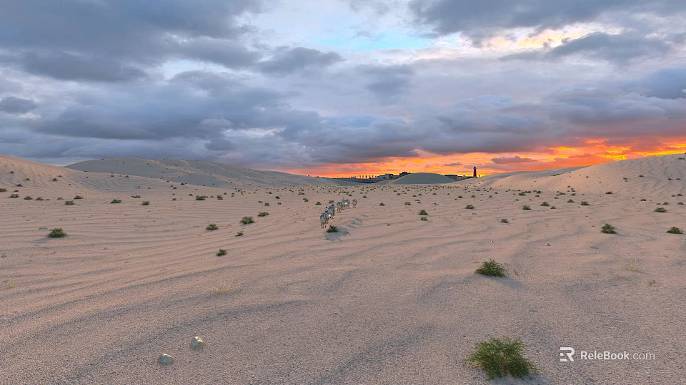 Breathtaking Desert Dune Landscape At Warm Sunset With Camel Caravan Under Dramatic Cloudy Evening Sky 3d model 