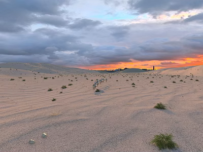 Breathtaking Desert Dune Landscape At Warm Sunset With Camel Caravan Under Dramatic Cloudy Evening Sky 3d model
