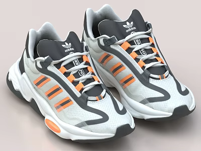 Adidas Gray And White Sneakers With Modern Design And Orange Accents 3d model