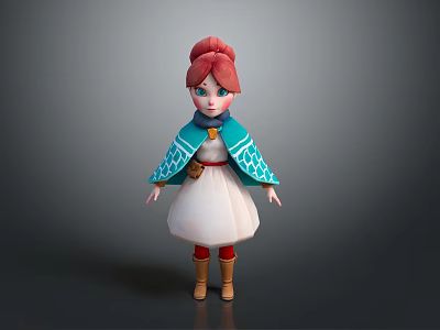 Game Movie Character With Red Hair White Dress Turquoise Cape Patterns Belt Necklace And Boots 3d model