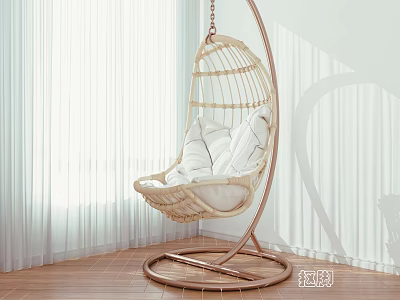 Modern Wicker Hanging Chair With White Cushions Metal Stand And Wooden Floor 3d model