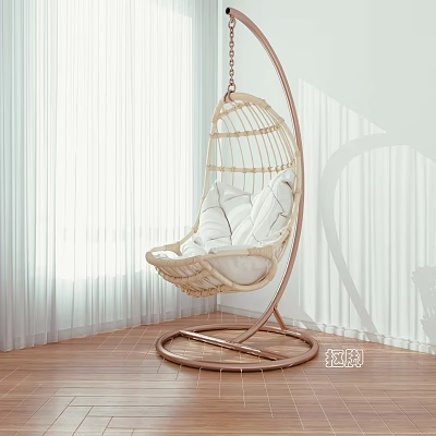 Modern Wicker Hanging Chair With White Cushions Metal Stand And Wooden Floor 3d model