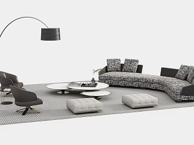 Modern Patterned Sofa And Coffee Table Set With Ottoman Rug And Floor Lamp 3d model
