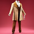 Vintage Plaid Long Coat Outfit with Vest Shirt Bow Tie Brown Pants on Red Background