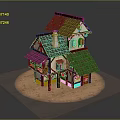 Medieval Wooden Building With Brown Roof Multi Level Design Chimney Arched Windows and Sandy Base