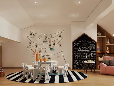 Kids Playroom Interior With Round Table Horse Chairs And String Lights 3d model