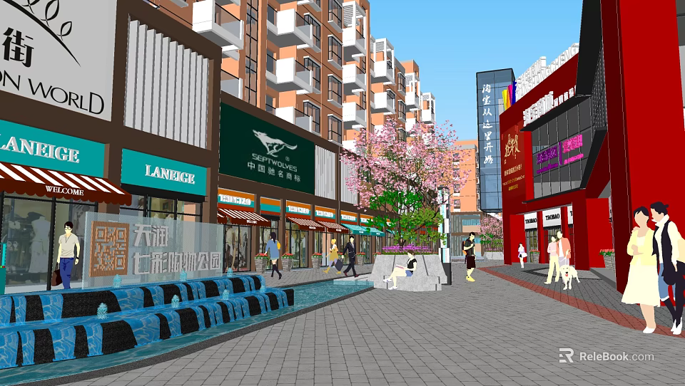 Vibrant Commercial Street With Shops Pedestrians Fountains And Cherry Blossom Trees 3d model 