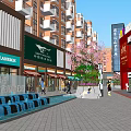 Vibrant Commercial Street With Shops Pedestrians Fountains And Cherry Blossom Trees