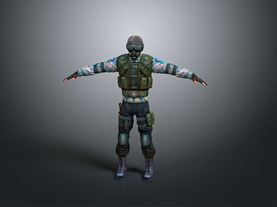 Military Character With Helmet Green Vest And Armor Standing Arms Outstretched Gray Background 3d model