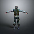 Military Character With Helmet Green Vest And Armor Standing Arms Outstretched Gray Background