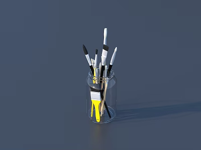 Transparent Glass Cup With Various Paintbrushes Different Shapes And Gray Background 3d model