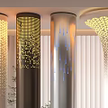 Modern Decorative Pillars Illuminated With Yellow And Blue Lights Near Window Blinds And Green Plants