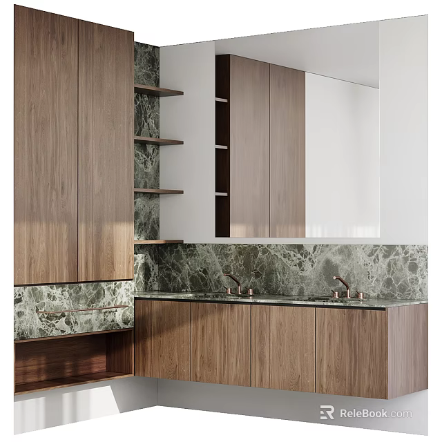 Modern Washbasin Vanity With Walnut Cabinets Marble Countertop And Copper Faucets 3d model 