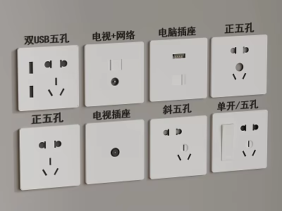 Different Electrical Outlet Types With USB TV Network Computer and Power Sockets 3d model