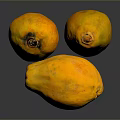 Three Ripe Yellow Papayas On Dark Reflective Surface With Smooth Skin