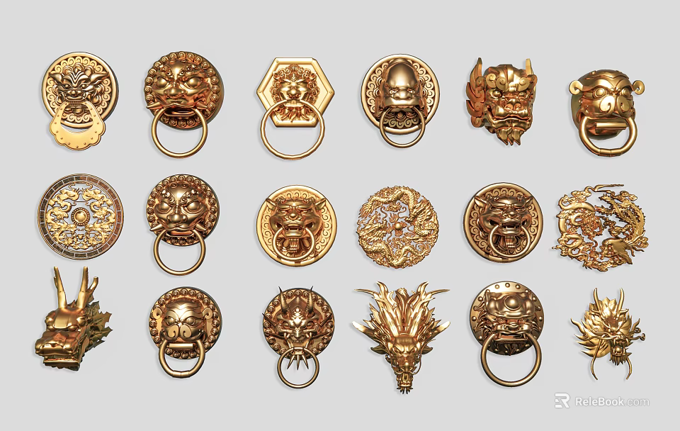 Antique Golden Door Handles With Ornate Lion Dragon Patterns And Various Shapes 3d model 