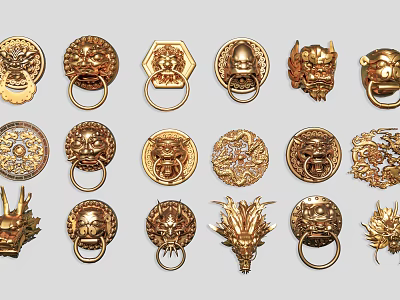 Antique Golden Door Handles With Ornate Lion Dragon Patterns And Various Shapes 3d model
