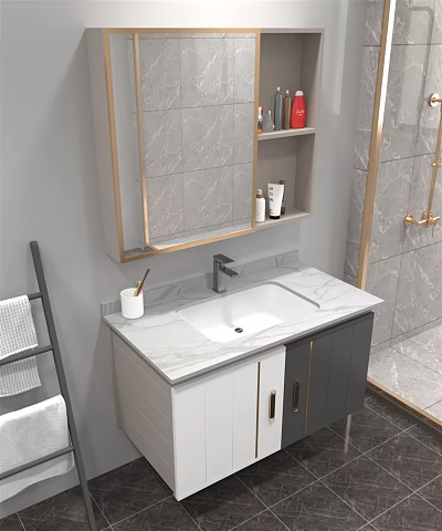 Modern Bathroom Washbasin Vanity With Marble Countertop Mirror Cabinet And Toiletries 3d model