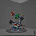 Cartoon Centipede In Green Shirt With Axes And Scared Blue Frog On Gray Platform