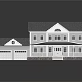 Exterior View Of Classic Single Family House With Gray Roof White Porch Stairs And Garage