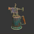 Vintage Metal Blowtorch Weapon with Copper Green Patina and Wooden Handle Cylindrical Design