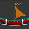 Cartoon Boat Scene With Red Blue Hull Yellow Sail Wooden Barrels And White Curved Supports