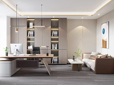 Modern Office Interior Design Workspace With Desk Computer Bookshelves Sofa And Plants 3d model