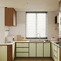 Open Modern Kitchen with Green Cabinets White Countertop Island Pendant Lights Window Blinds and Plants