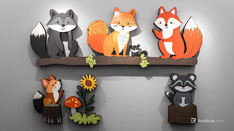 Cartoon Woodland Animals with Sunflower Mushroom and Plant Decor on Tree Branch and Stumps 3d model 